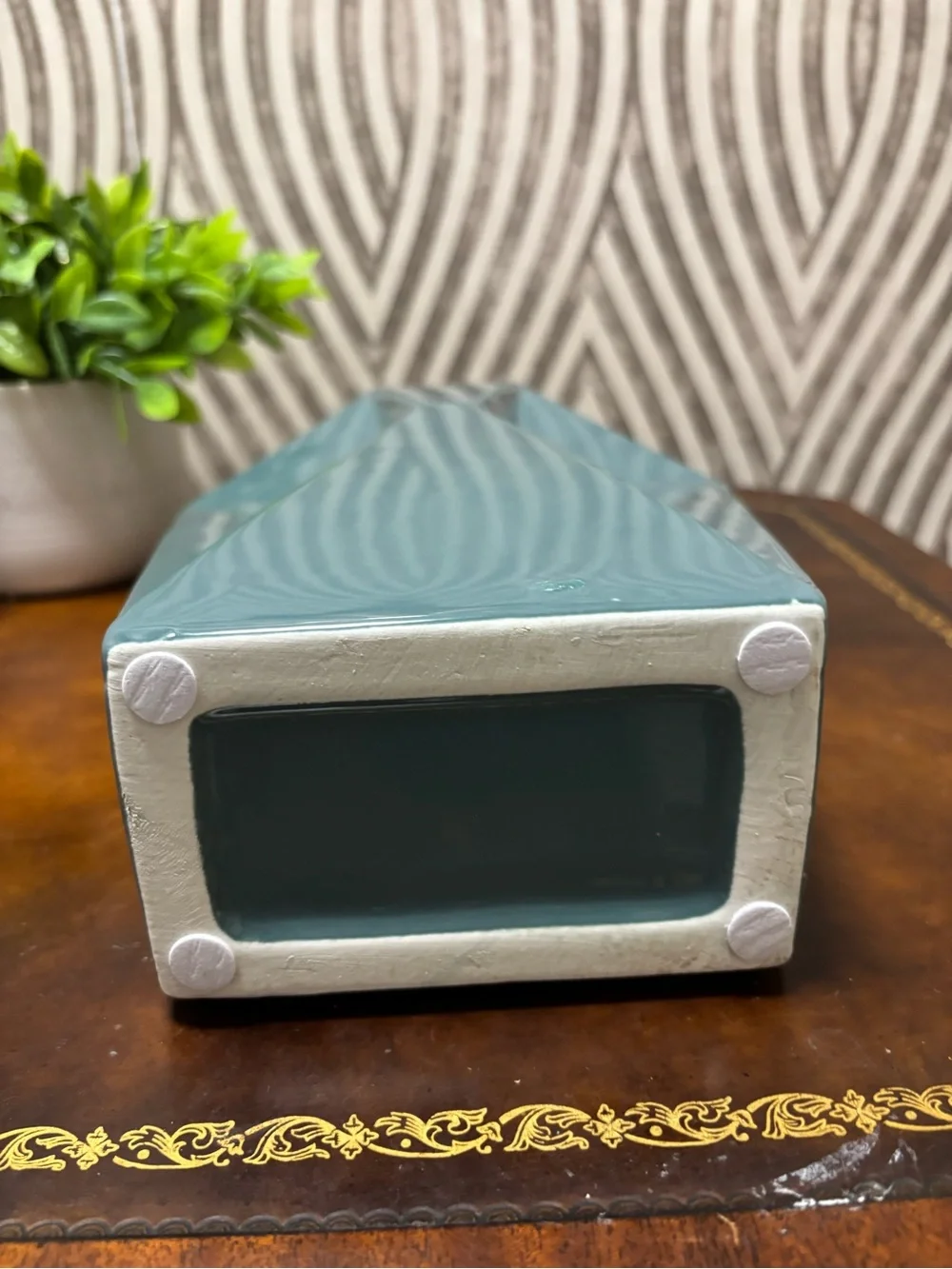 Beautiful teal ceramic geometric vase